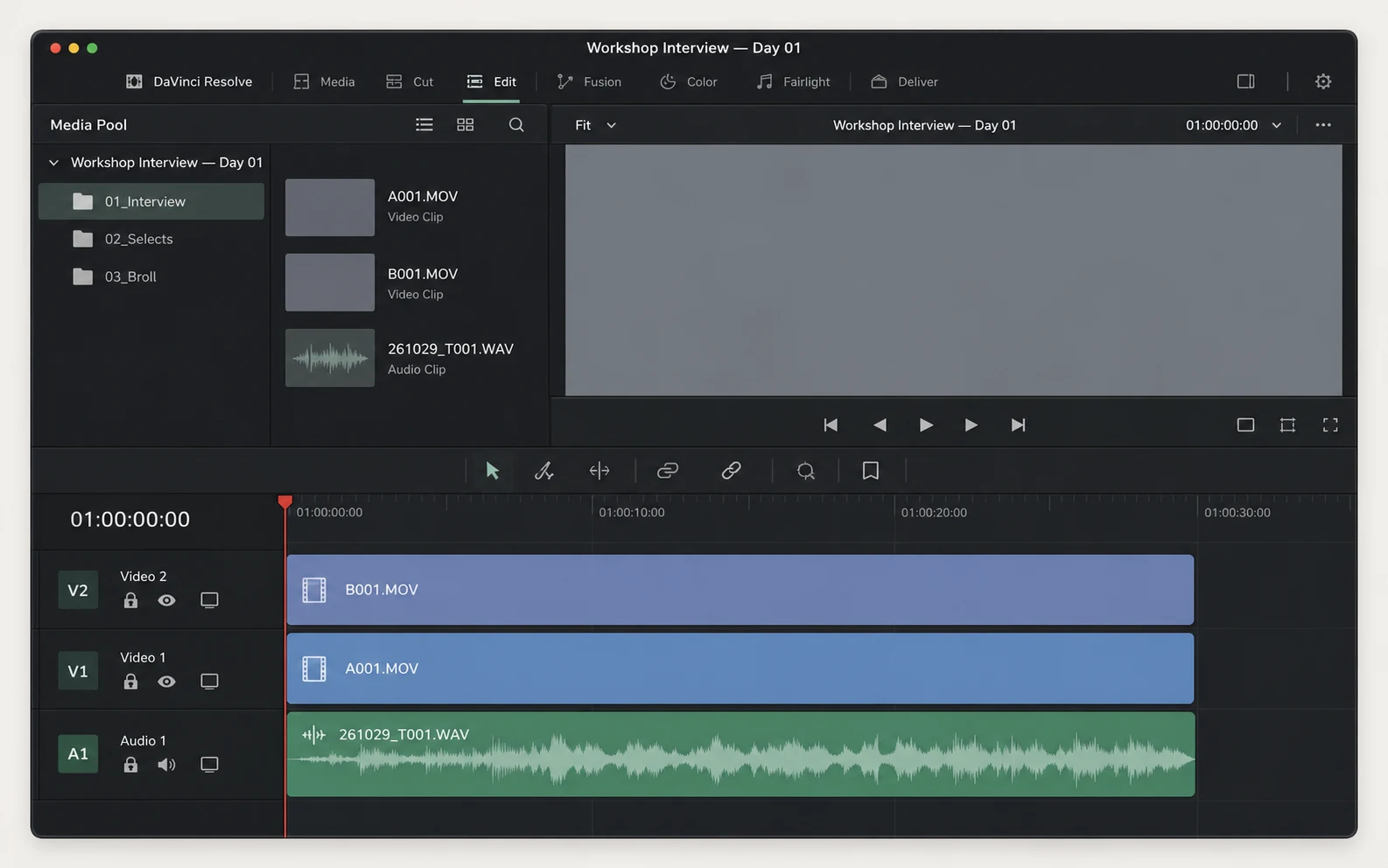 A two-camera Workshop Interview stringout reaches Resolve as aligned tracks with production sound.