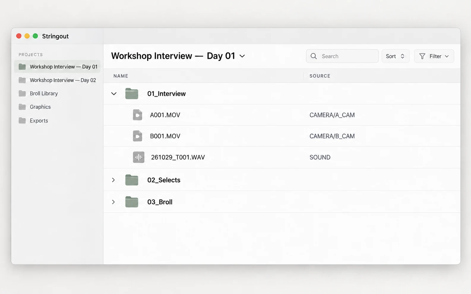 Copied Workshop Interview camera and sound files become an organized Stringout project.
