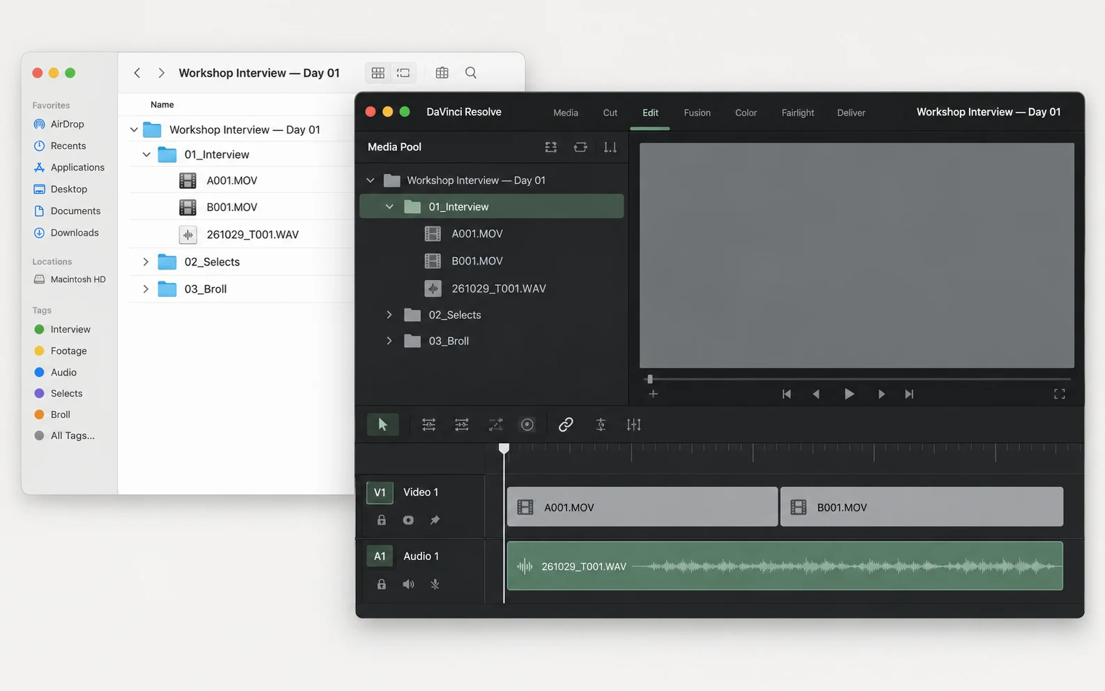 An organized Workshop Interview project in Resolve beside matching editing media in Finder.
