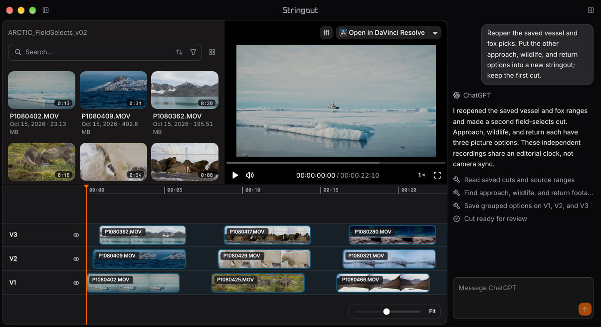 ChatGPT and Stringout MCP workflow reopening saved Arctic footage ranges, with source thumbnails, a video player and grouped V1–V3 timeline options.