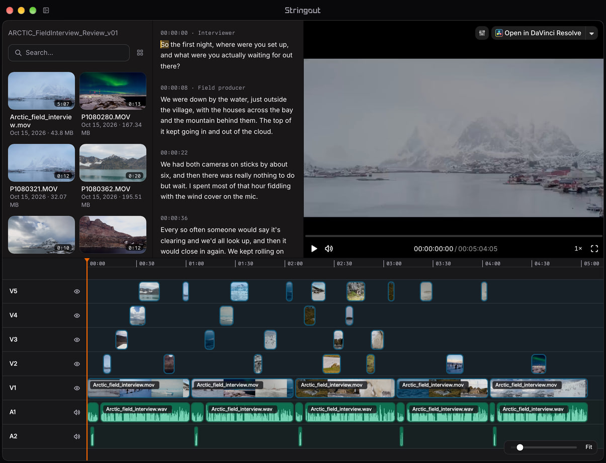 An Arctic field-interview review in Stringout, with the full Arctic media pool, long speaker-labelled dialogue and a dense weather, wildlife and northern-lights stringout.