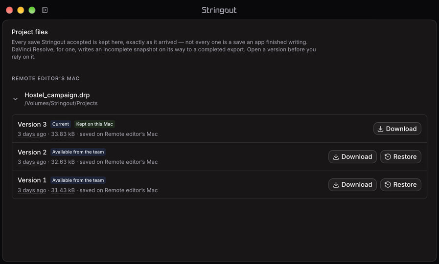 Stringout Project files shows three saved versions of a Resolve project document, including copies kept on this Mac and available from the team.