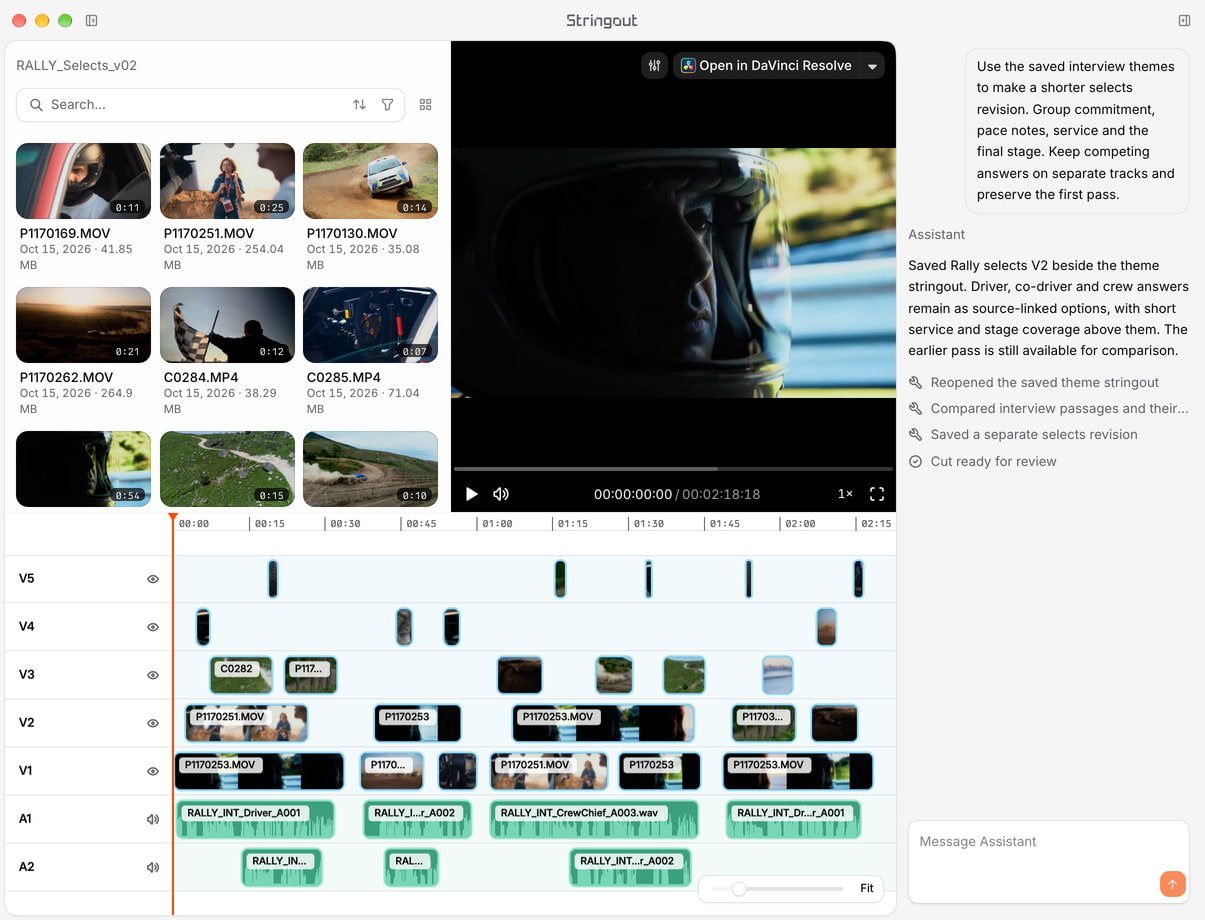 Rally documentary selects revision with five staggered video tracks, two audio tracks and a conversation requesting grouped source alternatives while preserving the earlier cut.
