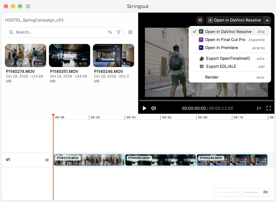 A Stringout hostel campaign cut with travel footage, source-linked timeline ranges, the Player and the NLE export chooser.