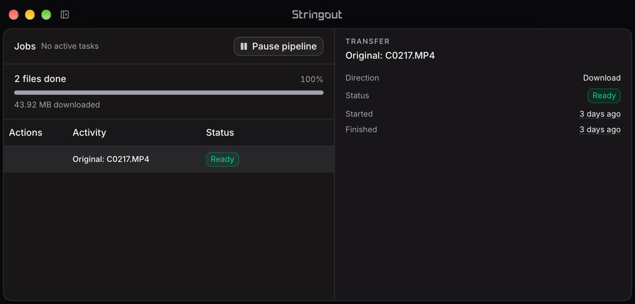The Stringout Jobs interface with a Ready original-download status for the mountain biker camera recording and its selected transfer details.