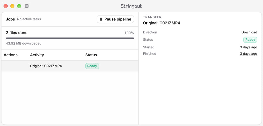 The Stringout Jobs interface with a Ready original-download status for the mountain biker camera recording and its selected transfer details.