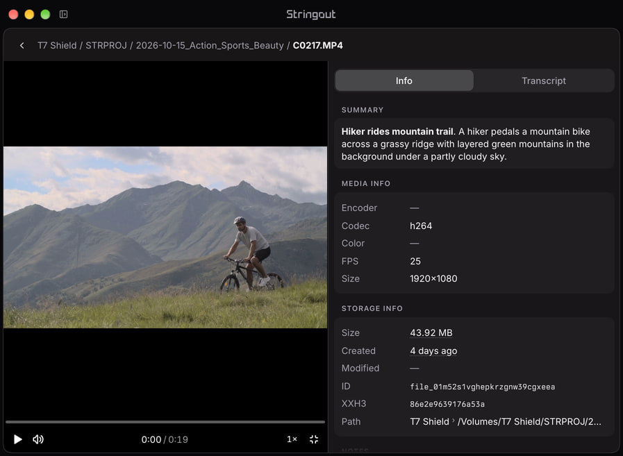Stringout file page showing a mountain biker source recording, its original filename, preview and T7 Shield storage path.